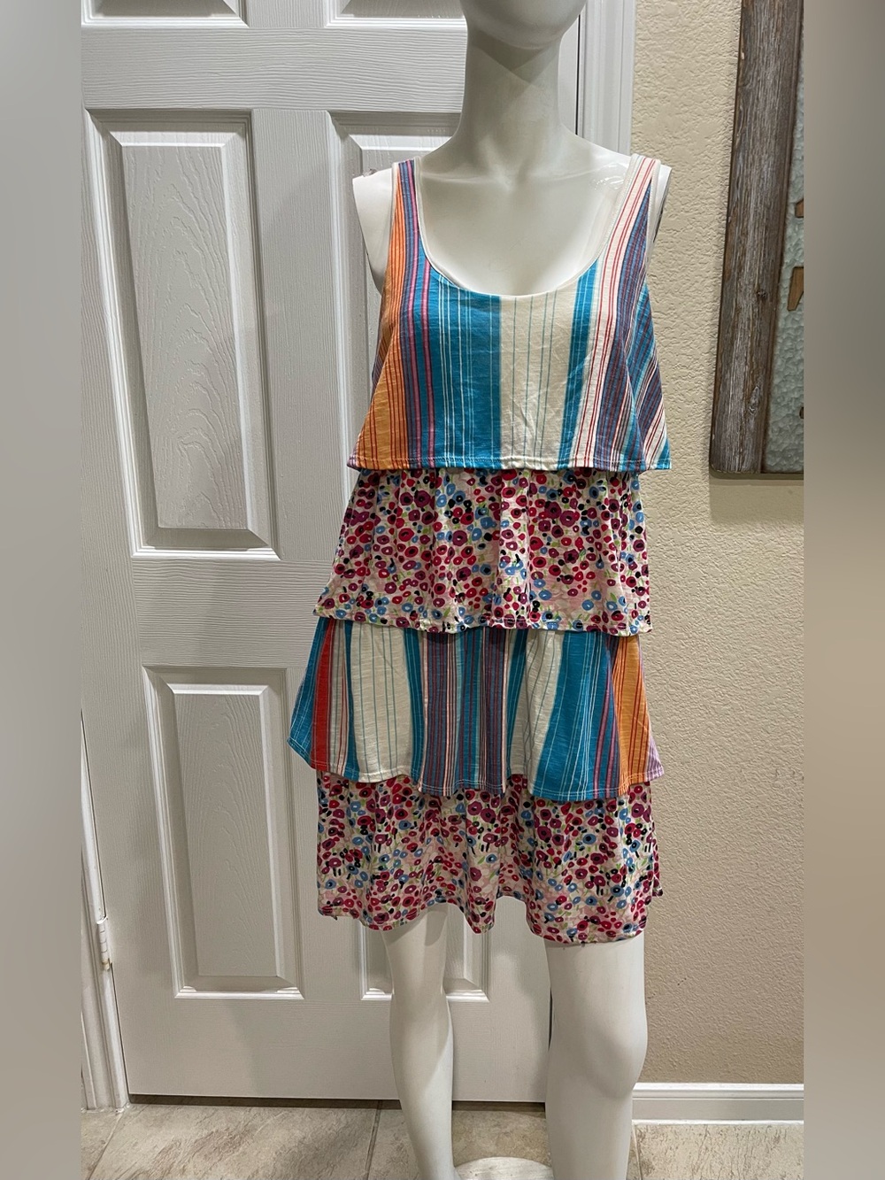 True Freedom Mixed Print Tiered Dress Boho Striped Floral Size Large NWOT